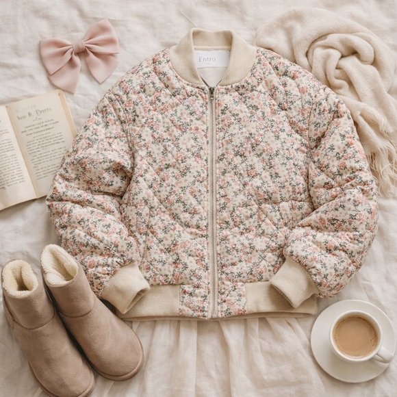 NWT Entro Pink Floral Quilted Bomber Jacket Balletcore Cottagecore Large - Picture 11 of 11